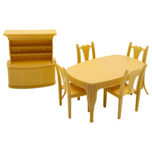6 Pc Vintage Dollhouse Furniture Plastic Dining Room Set Hutch Superior 1:16 HTF